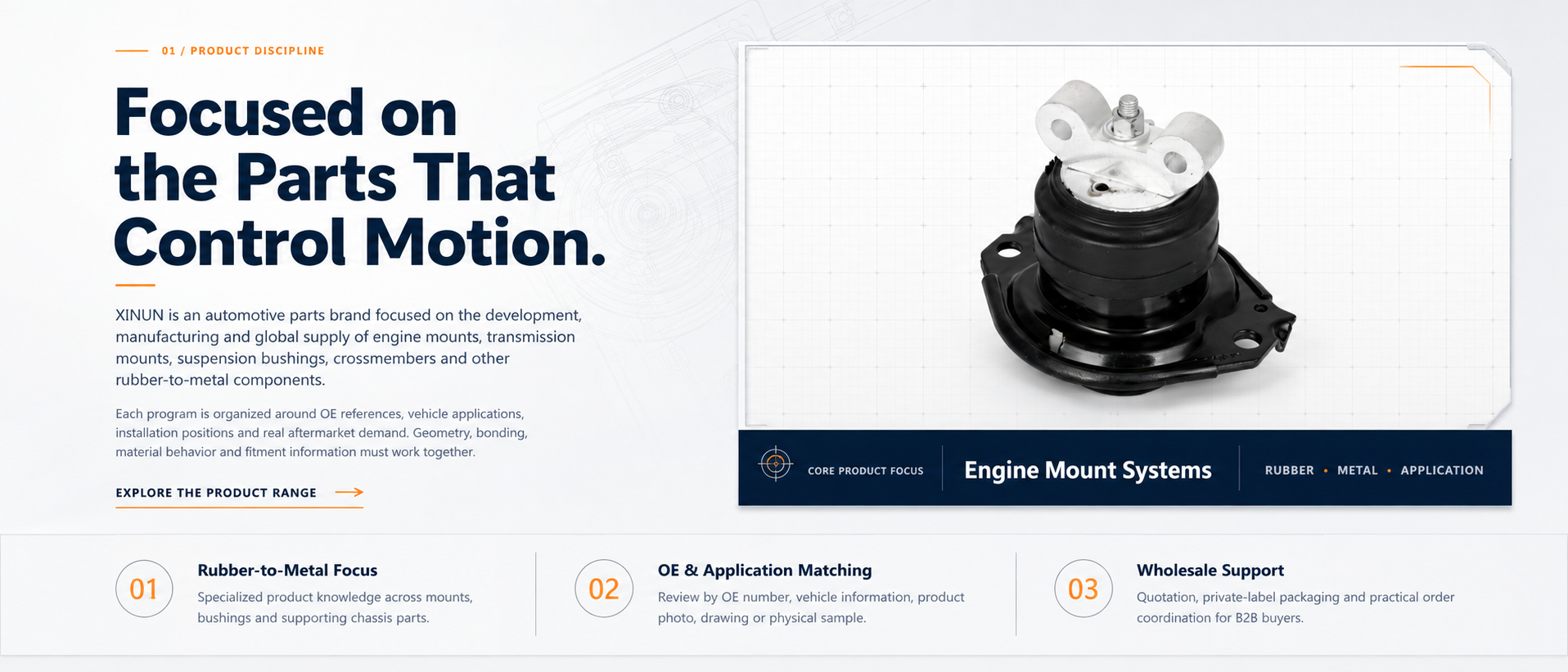 XINUN product discipline focused on engine mount systems, OE application matching and wholesale support