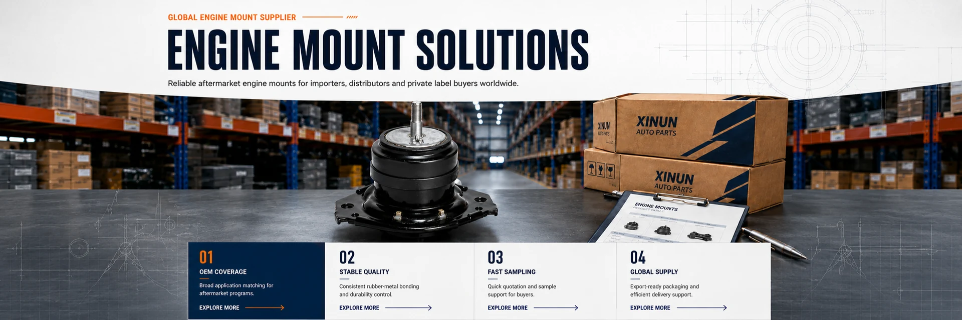 XINUN engine mount solutions with engine mount product, warehouse and export packaging