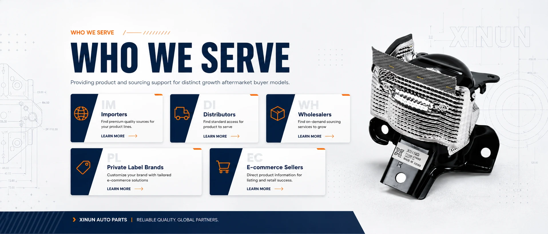 Who XINUN serves: engine mount support for importers, distributors, wholesalers, private label brands and e-commerce sellers